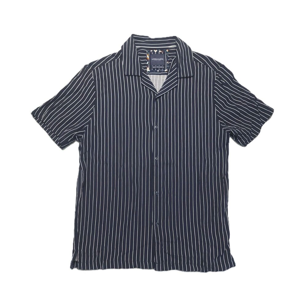 Denim & Flower Button Up Shirt Mens M Navy Striped Short Sleeve